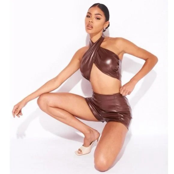 Brown Faux Leather Vegan Leather High Waist Shorts - Picture 15 of 16